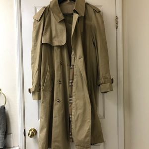 Tan trench coat with Burberry style lining